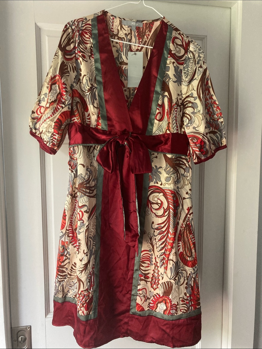 Minuet Cream Multi-Color Paisley Midi Satiny Dress with Tie